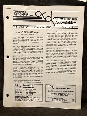 Osborne Komputer Owners Klub - March, 1986